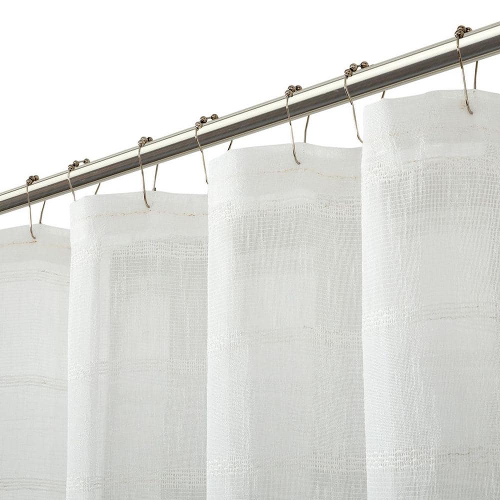 White Faux Linen Striped Fabric Shower Curtain with Liner