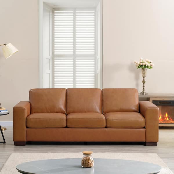 MAYKOOSH 85.8 in. Square Arm Leather Rectangle Sofa in. Tan 