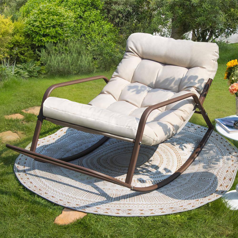 Oversized Brown Metal Outdoor Rocking Chair Papasan Lounge Chair with Beige