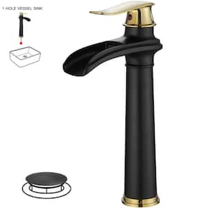 Waterfall Single Hole Single Handle Bathroom Vessel Sink Faucet With Pop-up Drain Assembly in Matte Black & Gold