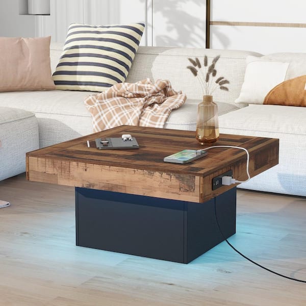 Farmhouse 31.4 in. Black Square Spliced Wood Grain Center Table Coffee Table with 2-USB Ports and LED Light