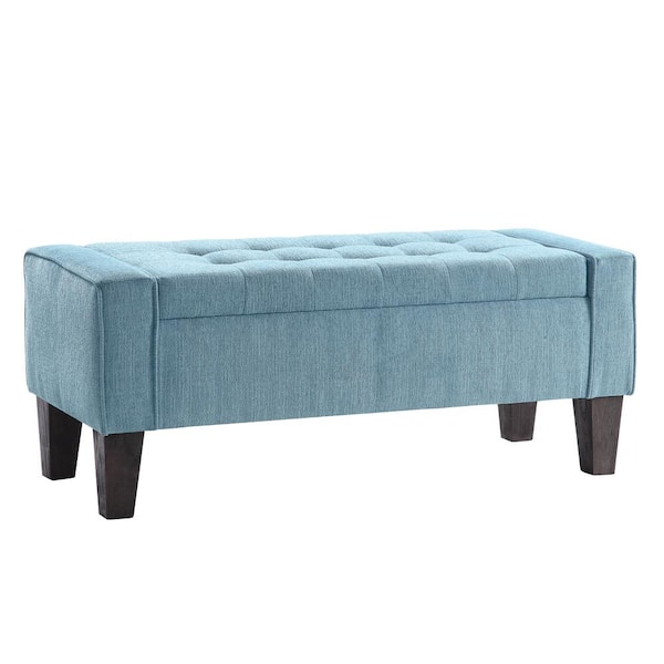 OSP Home Furnishings Baytown 18 in. Blue Smoke Fabric Storage Bench with Grey Washed Legs