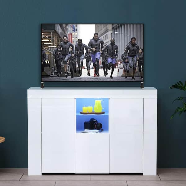 J&E Home 45.7 in. White TV Stand with 3-Storage Drawers and LED Lights Fits TV's up to 50 in.