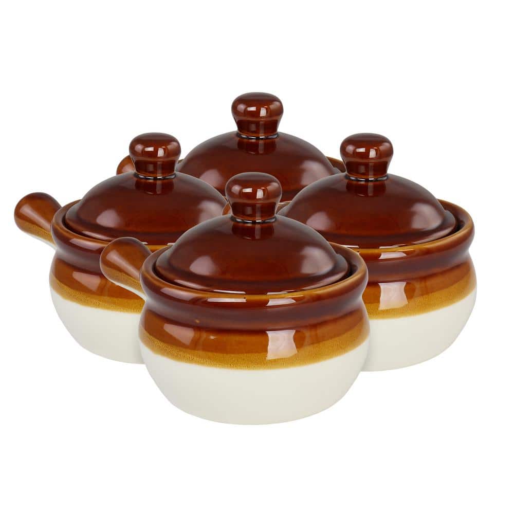 Bake & Serve - Large Ceramic Soup Bowls with Handles - 30 Ounce - Set of 2 - Oven-, Microwave and Dishwasher Safe Pots with Lids, Brown