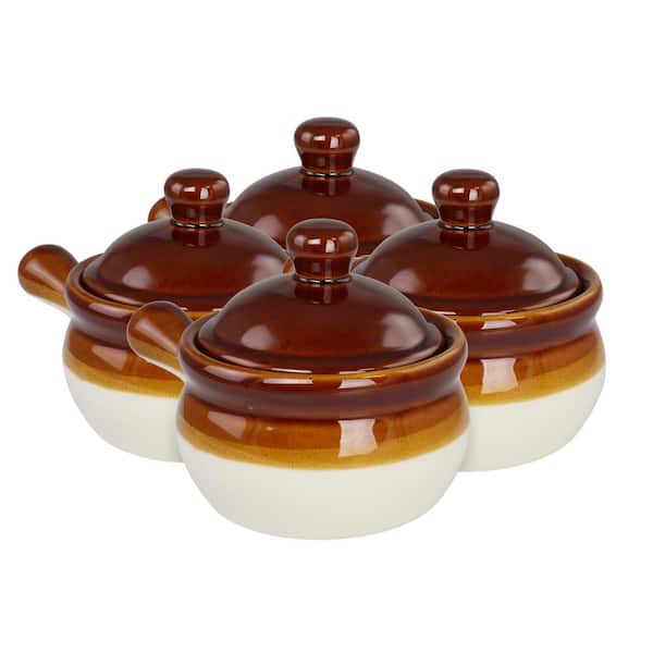 Elama Long Handle 15 fl. oz. Brown French Onion Stoneware Soup Bowl with Lid (Set of 4)