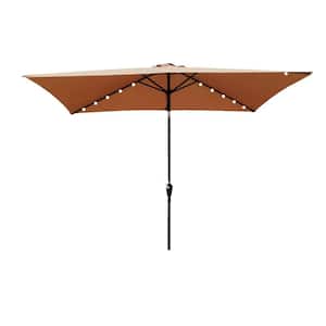 10 ft. x 6.5 ft. Outdoor Push Button Tilt Solar LED Lighted Market Patio Umbrellas with Rectangular in Brown Canopy