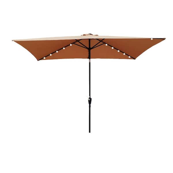 DIRECT WICKER 10 ft. x 6.5 ft. Outdoor Push Button Tilt Solar LED Lighted Market Patio Umbrellas with Rectangular in Brown Canopy