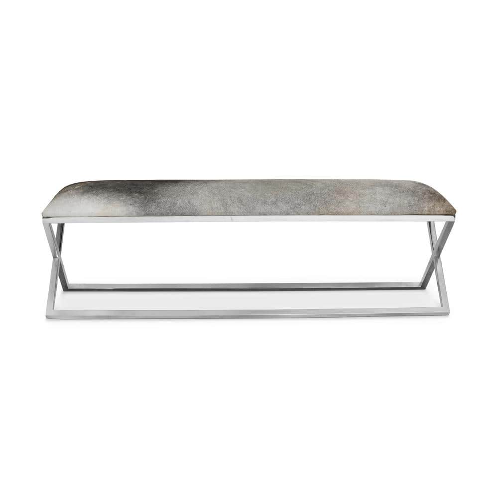 Grey Upholstered Bench with Stainless Steel Frame and Storage
