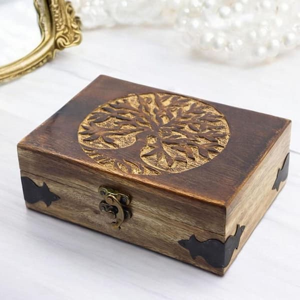Brown 7 in. x 3 in. Wood Handmade Decorative Box with Tree of Life