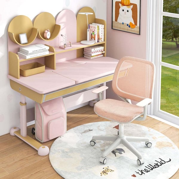 Costway Pink Kids Desk Armchair Swivel Mesh Children Computer 