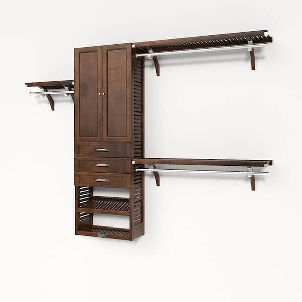 72 in. W - 120 in. W Chestnut Reach in with 3 Shaker Style Drawers and Wood Door 12 in. Shelf Wood Closet System