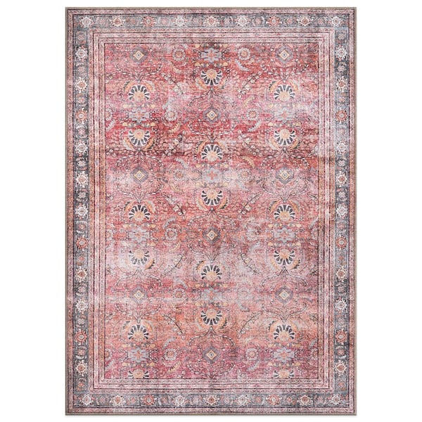 Amber Red 10 ft. x 14 ft. Vintage Inspired Machine Washable Non Slip Area Rug