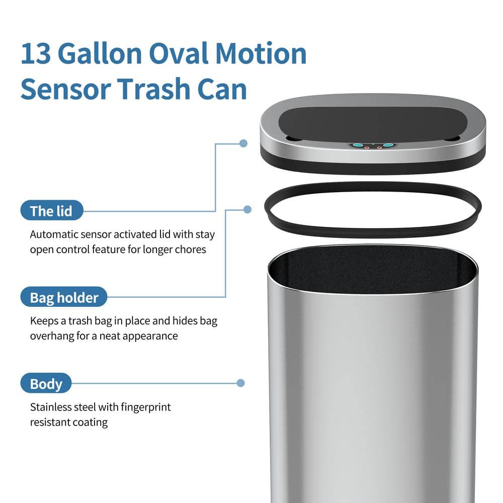 Innovaze 13 Gallon Stainless Steel Touchless Trash Can with Black Lid