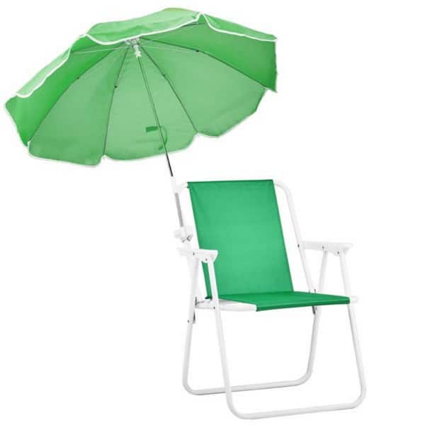 Metal Folding Beach Chair with Umbrella for Adults, Lightweight Camping Chair with 265 lbs. Capacity, Green