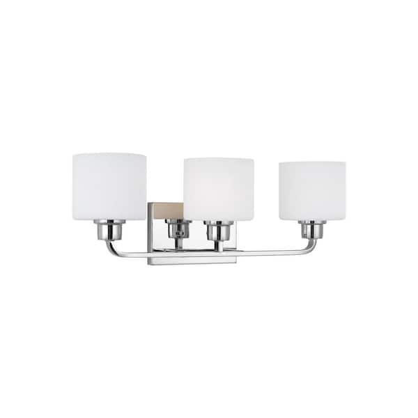Generation Lighting - Canfield 23 in. 3-Light Chrome Minimalist Modern Wall Bathroom Vanity Light with Etched White Glass Shades and LED Bulbs