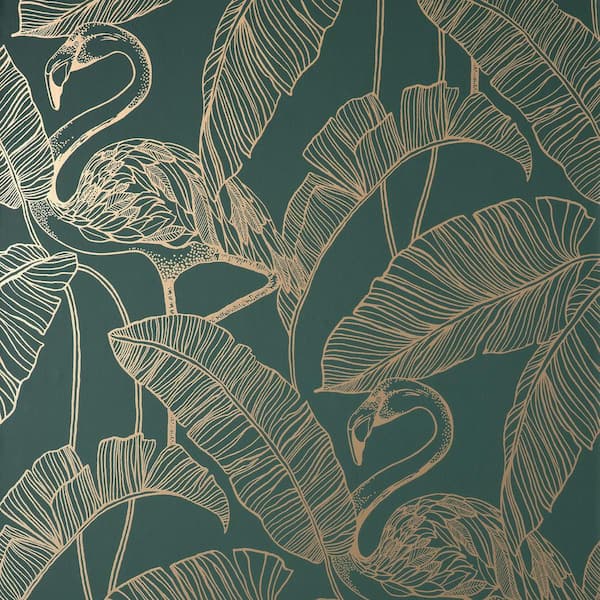 Fine Decor Mulholland Dark Green Flamingo Paper Wallpaper Sample