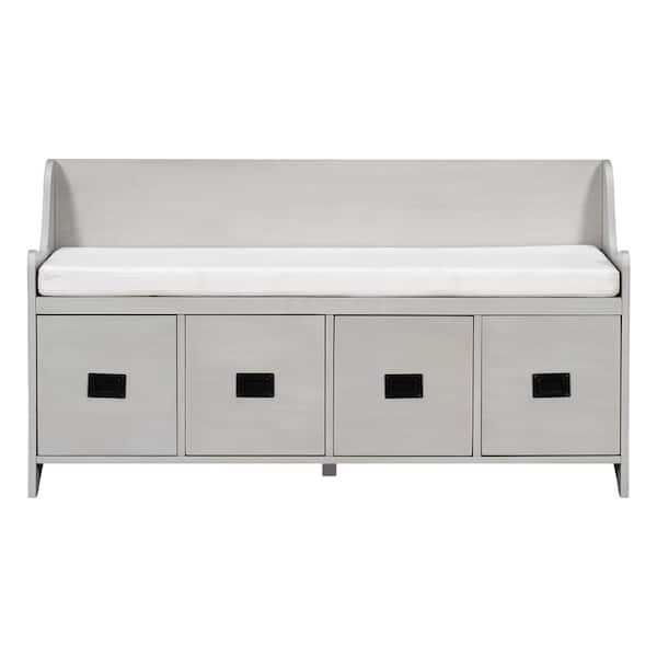 JASIWAY Gray Storage Bench with Movable Cushion Entryway Bench with Drawers and Backrest