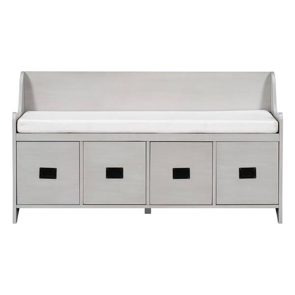 JASIWAY Gray Storage Bench with Movable Cushion Entryway Bench with Drawers and Backrest
