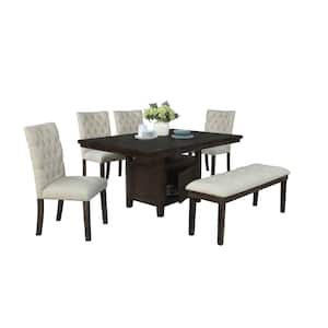 Ricky 6-Piece Beige Linen Fabric Wooden Top Dining Set 1-Table, 4-Chairs and 1-Bench.