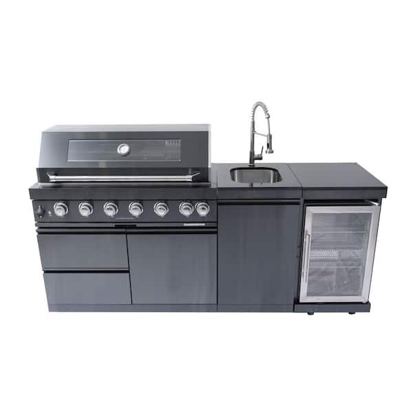 43 in. Black 6-Burner Propane Gas Grill Island Outdoor Kitchen with Rotisserie kit Refrigerator Sink in Stainless Steel