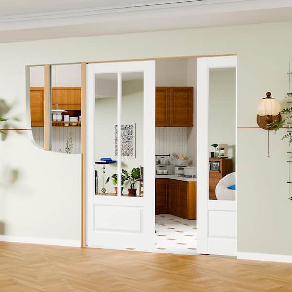 60 in. x 80 in. 2 Lite, Mirrored Glass, Solid Core, DIY Painted, White Primed, MDF Sliding Door with All Hardware