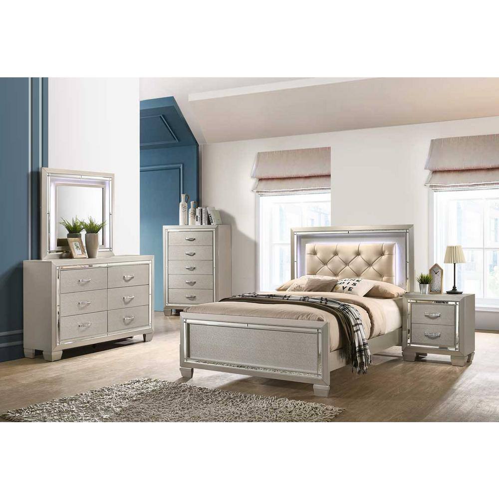 Chic Glam 2-Drawer Nightstand in Gray with Mirror Glass Trim