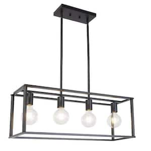 4-Light Industrial Vintage Rectangle Chandeliers Pendant in Black, for Kitchen Bedroom Island Hallway