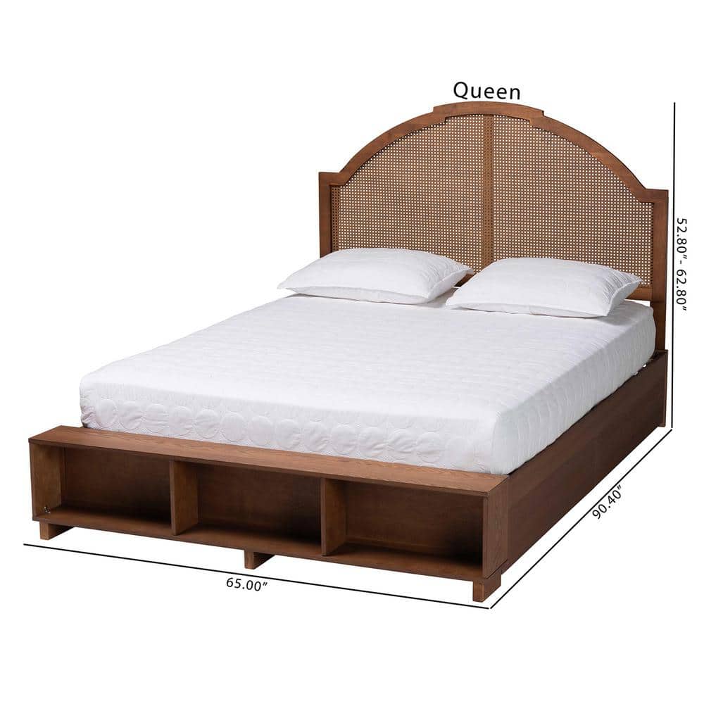 Walnut Brown Queen Bed with Rattan Headboard and Storage Drawers