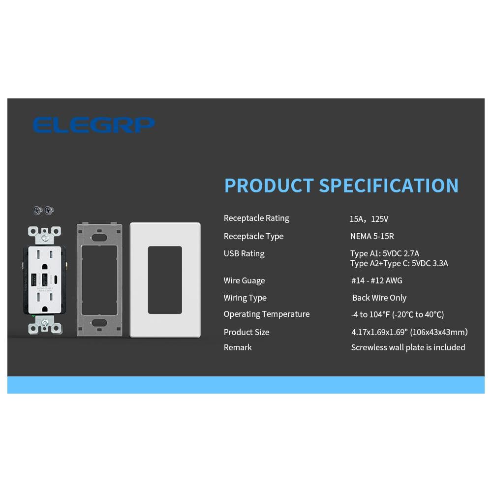 White Tamper Resistant Duplex Outlet with USB-C Ports and Wall Plate