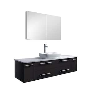 Lucera 60 in. W Wall Hung Vanity in Espresso with Quartz Stone Vanity Top in White with White Basin and Medicine Cabinet