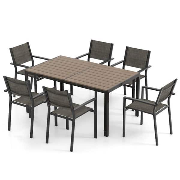 7-Piece Metal Frame Outdoor Stackable Chairs Dining Set with Large Rectangle Table