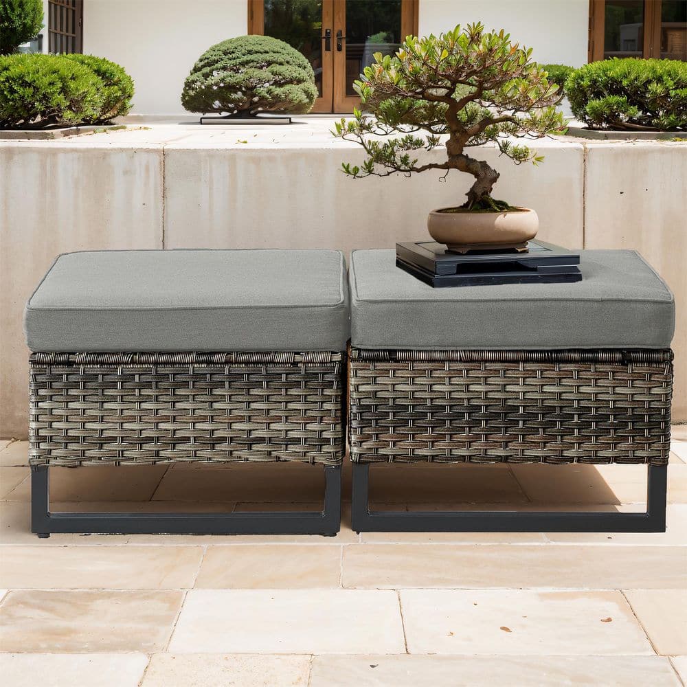 U-Weave Metal and Gray Wicker Outdoor Ottoman with Olefin Gray Cushion (2-Pack)