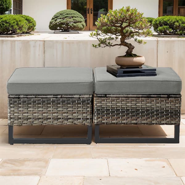Opohoro U-Weave Metal and Gray Wicker Outdoor Ottoman with Olefin Gray Cushion (2-Pack)