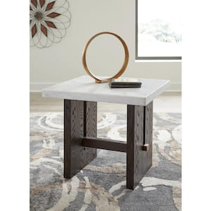 Burkhaus 26 in. White / Dark Brown Rectangle Marble End Table with Trestle Base