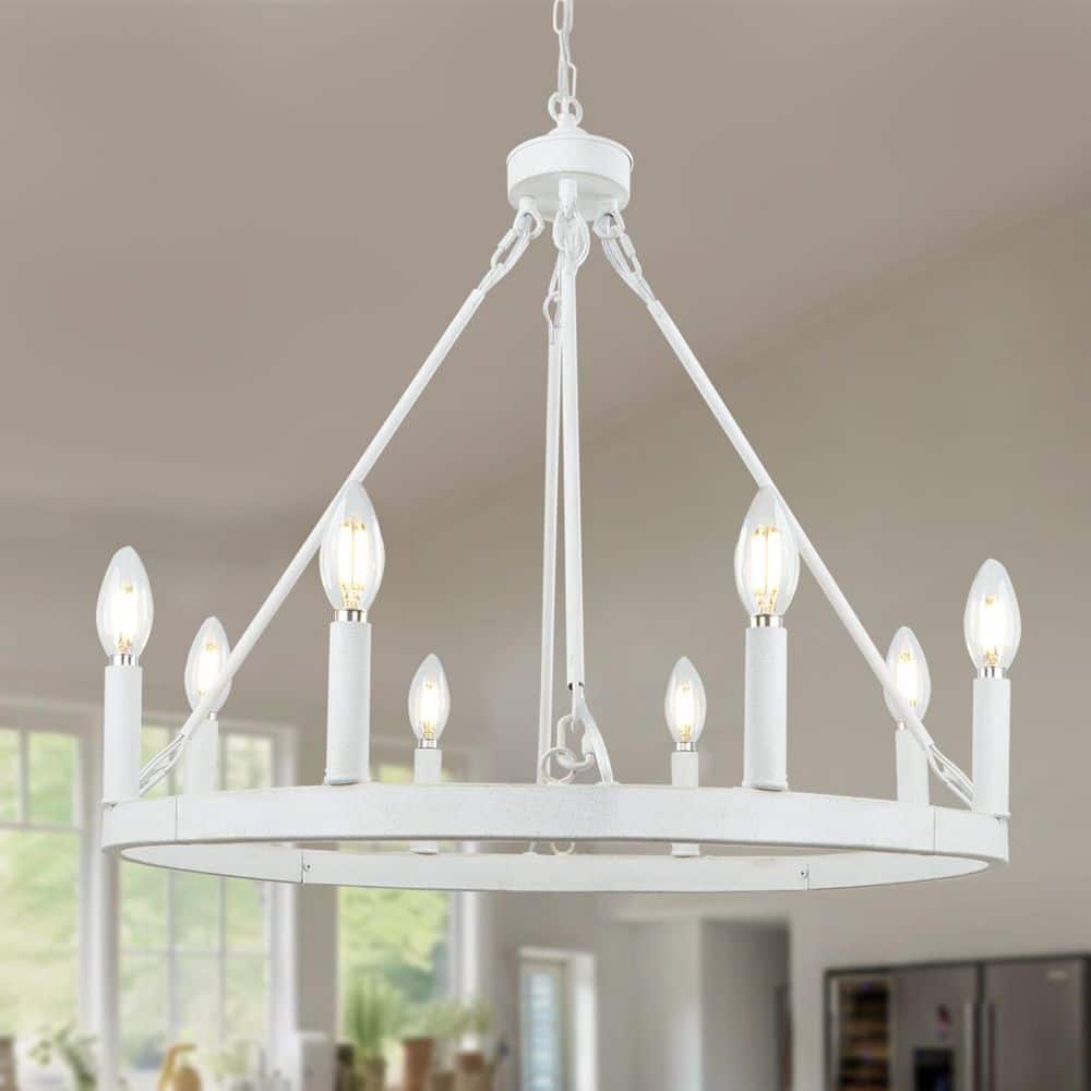 23.6 in. 8-Light White Round Modern Farmhouse Wagon Wheel Chandelier for Dining Room Living Room Foyer price history on PriceWatchPro