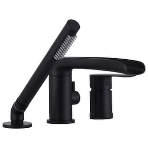 Waterfall Single-Handle Floor-Mount Roman Tub Faucet with Hand Shower, 3-Hole Bathtub Faucet in. Matte Black