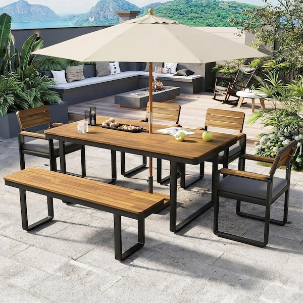 6-Piece Acacia Wood Patio Outdoor Dining Set with Gray Cushions and Bench