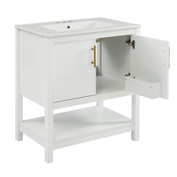 30 in. W Single Sink Freestanding Bath Vanity in White with White Ceramic Top, Open Shelf and 2 Doors