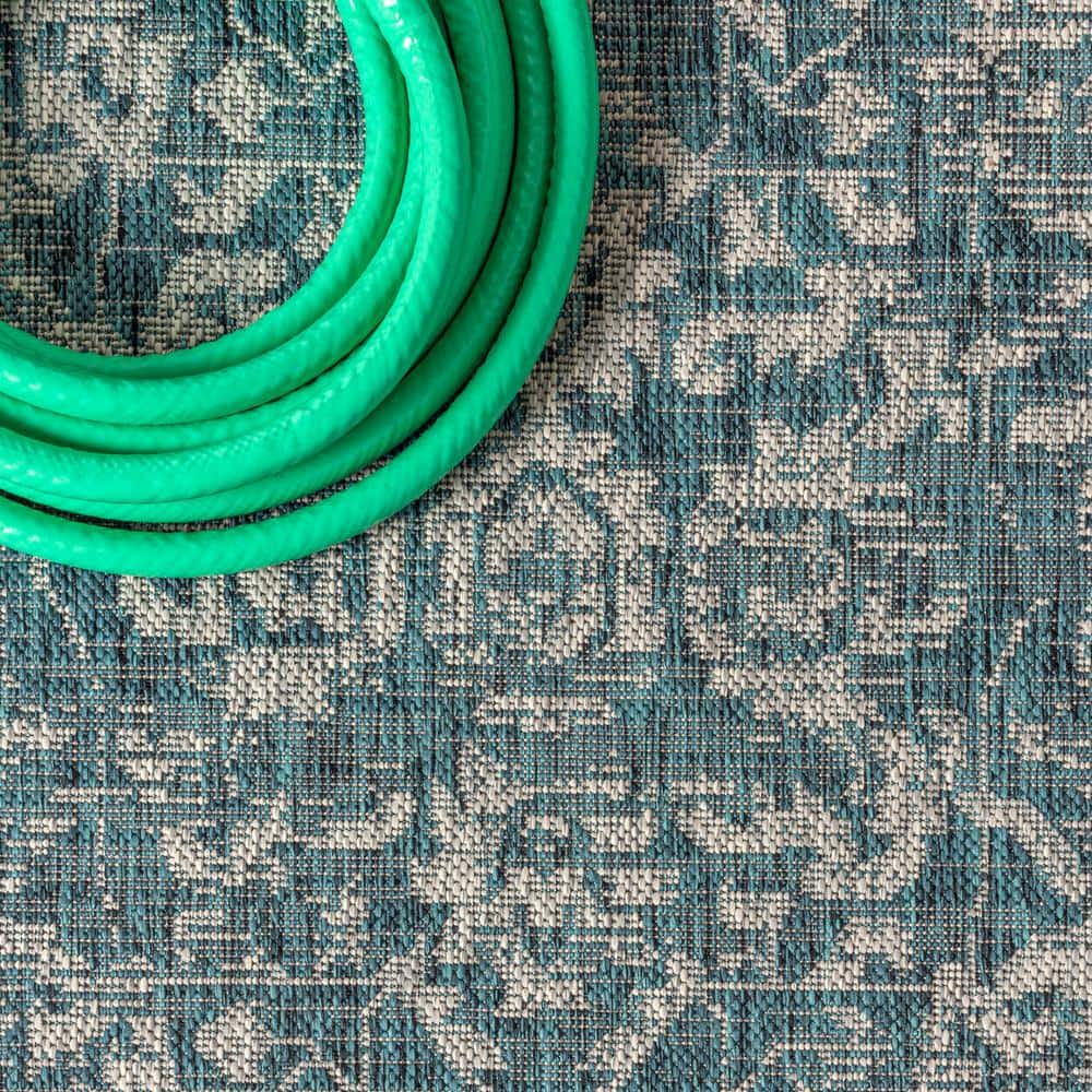 Teal and Gray Synthetic Medallion Runner Rug, 2'-2" x 8'