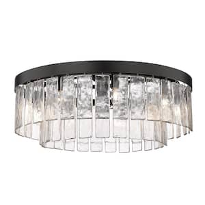 Ciara 27 in. 9-Light Matte Black and Hammered Water Glass Semi-Flush Mount