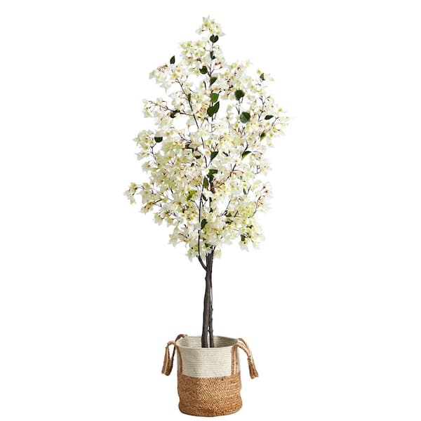 Nearly Natural 72 in. White Artificial Bougainvillea Tree in Handmade Jute and Cotton Basket