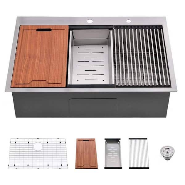 Unbranded Brushed Nickel Stainless Steel Sink 33 in. x 22 in. Single Bowl Drop-In Undermount Kitchen Sink with Bottom Grid
