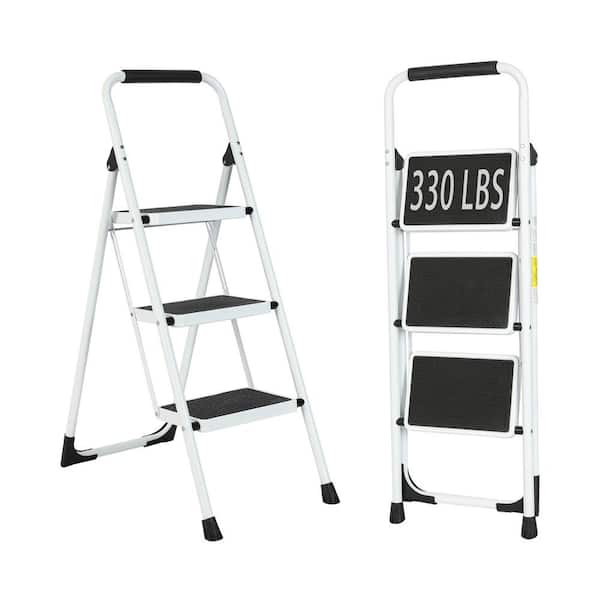 maocao hoom 3-Step white Iron Ladder Foldable Non-slip Outdoor Ladder Loading 330 lbs. for Home, Kitchen, Office