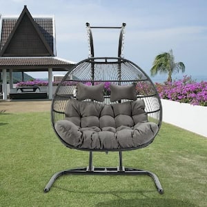 2-Person Foldable Double Swing Chair, Hanging Wicker Rattan Egg Chair with Stand and Cushion