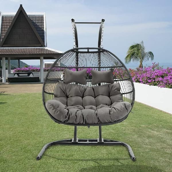 MM MODERN MUSE 2-Person Foldable Double Swing Chair, Hanging Wicker Rattan Egg Chair with Stand and Cushion