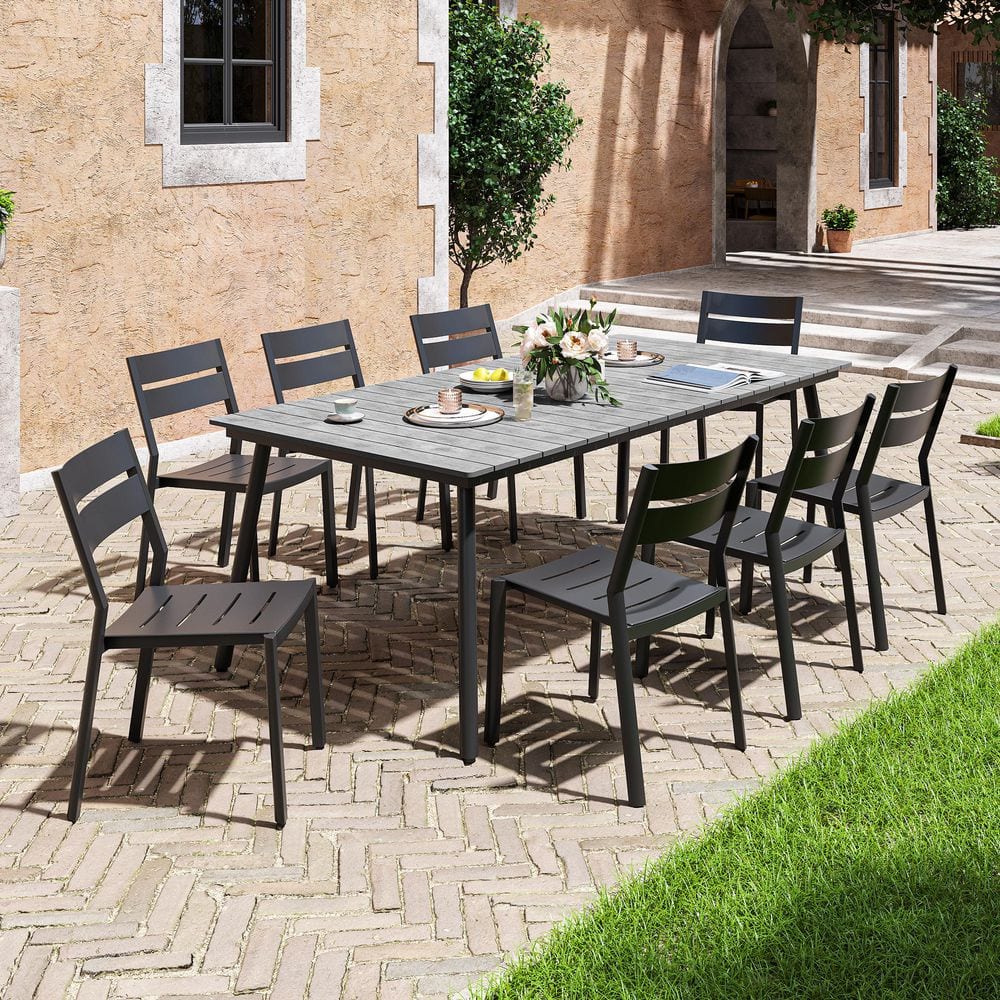 82.5 in. Gray Aluminum Wood-Like Outdoor Dining Set with Umbrella Hole and Black Stackable Armless chairs (9 Pieces) price history on PriceWatchPro