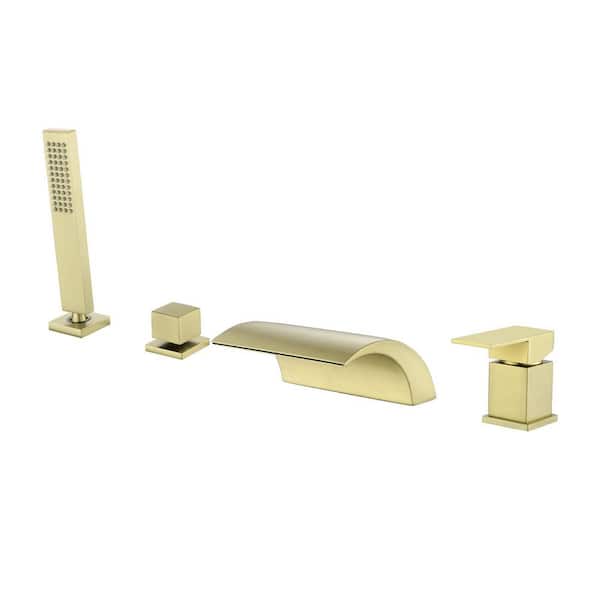 Single-Handle Tub Deck Mount Roman Tub Faucet with Hand Shower and Water Suply Hose in Brushed Gold