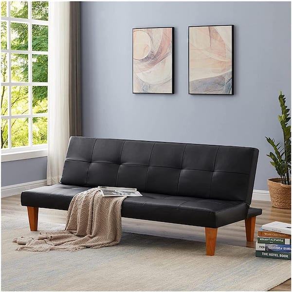3 Seat Couch Twin Size Folding Sofa Bed, Black Leather 3 Seater Sofa Bed