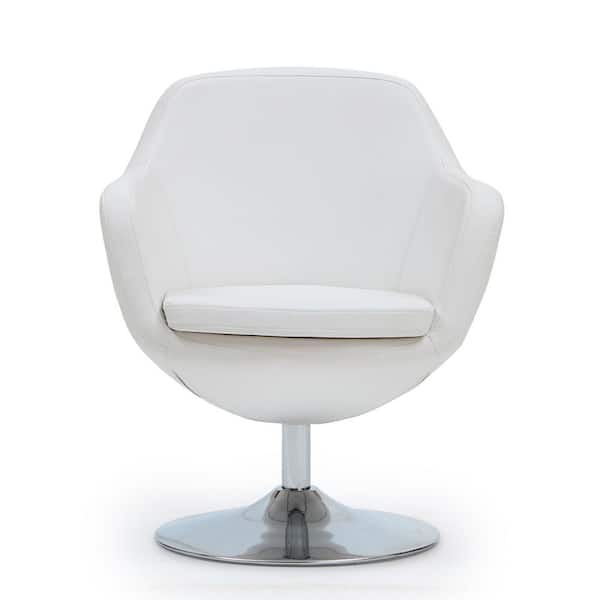 Manhattan Comfort Caisson Modern White and Polished Chrome Faux Leather Upholstered Swivel Accent Arm Chair