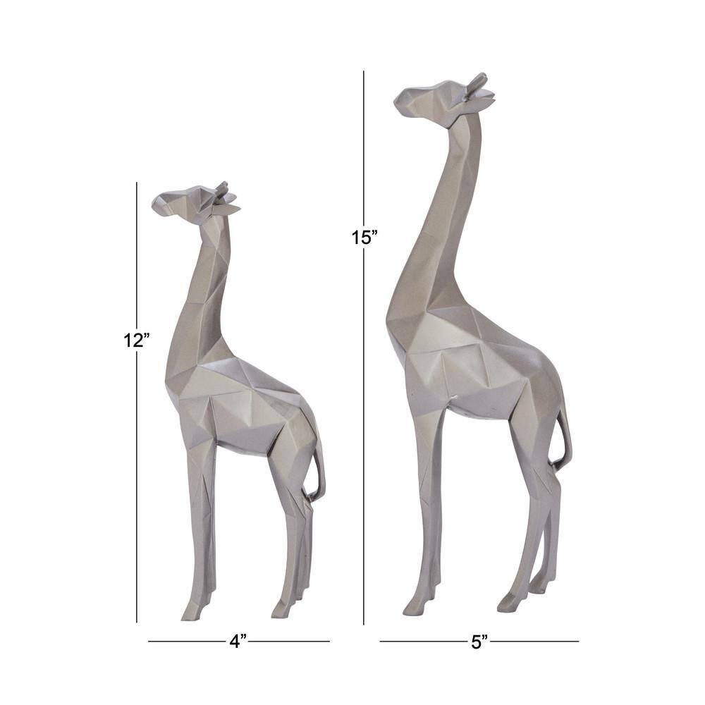 Silver Geometric Polystone Giraffe Sculptures, Set of 2
